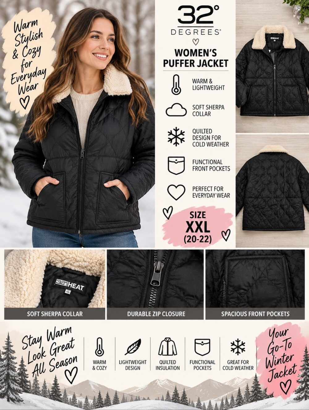 32 degree women's XXL black zip up puffer jacket #35
